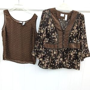 Emma James Blouse & Tank Set Brown Floral Size 16 Business or Dress 2 Pieces EUC